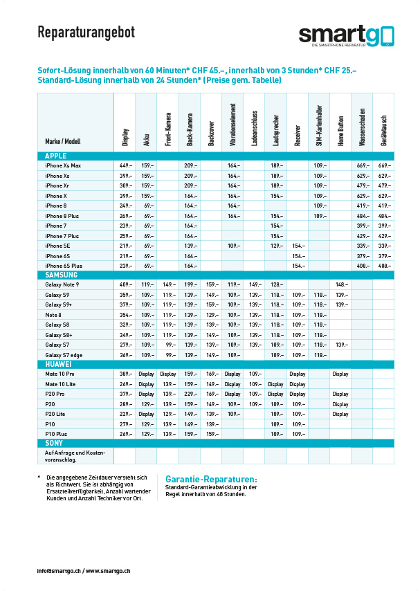 Preisliste Smartgo